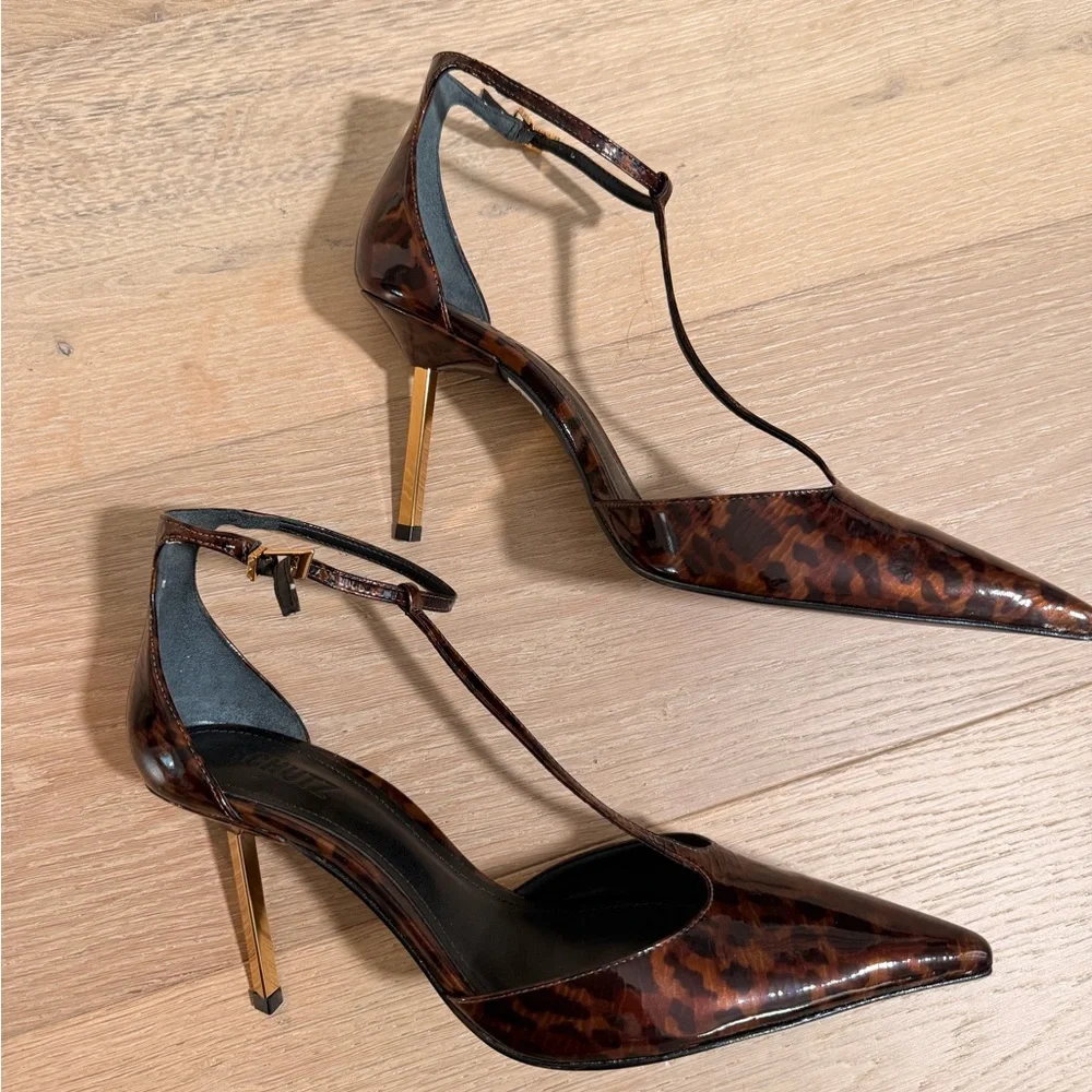 SCHUTZ T-Strap Pointed Toe Heels in Tortoiseshell Brown - Picture 8 of 10
